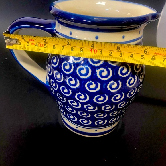 Polish Pottery Cobalt Blue & White Swirls Pitcher - Picture 8 of 10